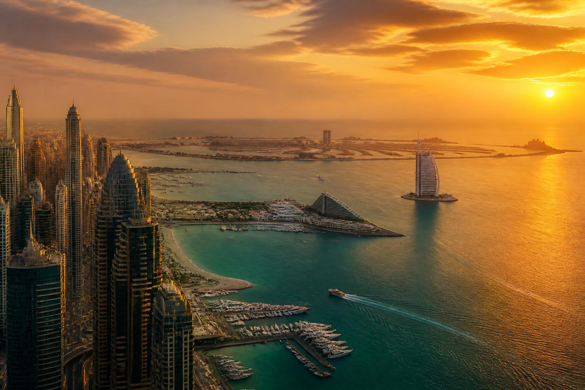 Dubai waterfront coastline at dusk